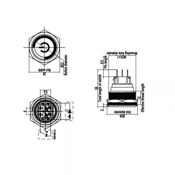 25B-P1-EC 25mm Düz Yaylı Işıklı Power Metal Buton - Beyaz