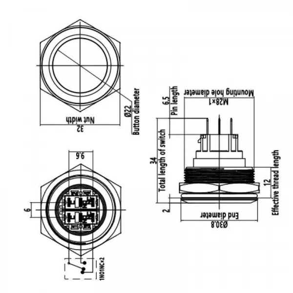 28B-P1 28mm Düz Yaylı Metal Buton