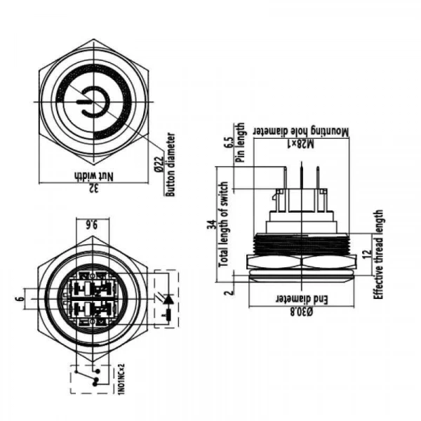 28B-P1Z-EC 28mm Düz Anahtarlı Işıklı Power Metal Buton - Beyaz