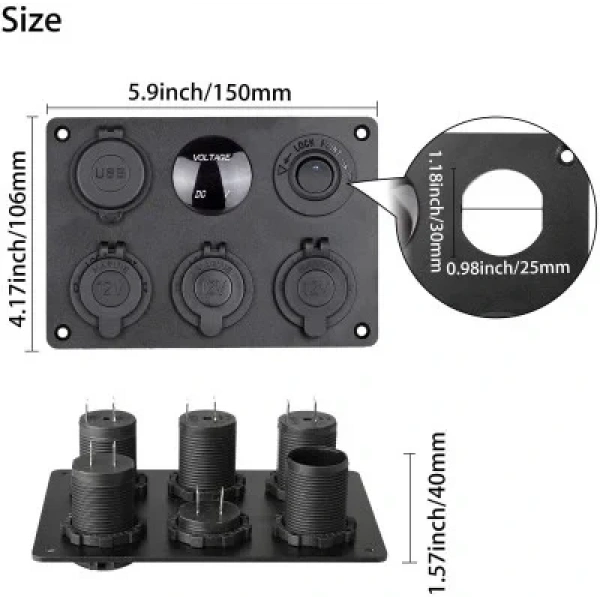 3lü Dişi Çakmaklık Soketi 2x5V USB Voltaj Göstergeli ve Mavi Nokta Işıklı Anahtar Switch Panel