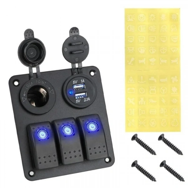 3lü ON-OFF Işıklı Anahtar Switch Panel 2x5V USB ve Çakmaklık Çıkışlı