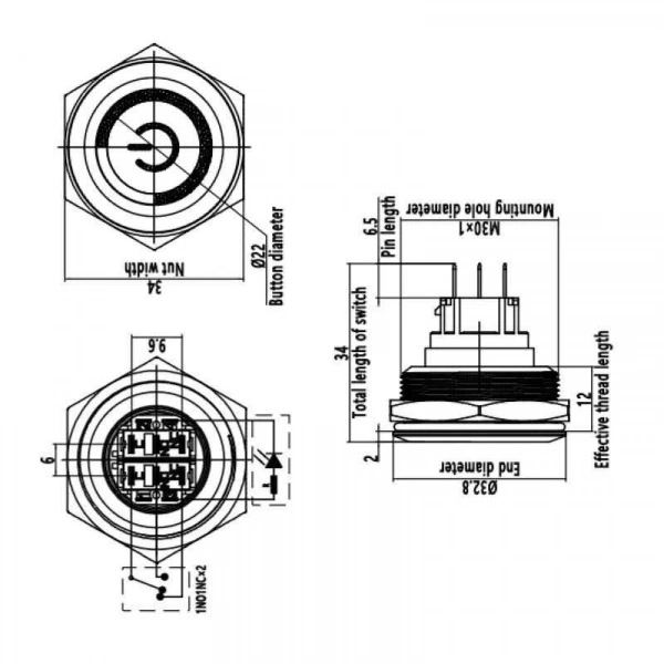 30B-P1-EC 30mm Düz Yaylı Işıklı Power Metal Buton - Beyaz