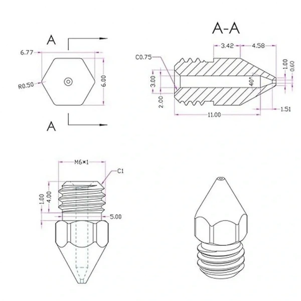 3D Yazıcı-Printer MK8 0.6mm Pirinç Nozzle