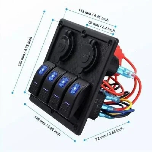 4lü ON-OFF Işıklı Anahtar Switch Panel 2x5V USB ve Çakmaklık Çıkışlı