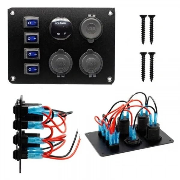 4lü ON-OFF Mavi Su Geçirmez Işıklı Switch Panel 2x5V USB 2xDişi Çakmaklık ve Voltaj Göstergeli