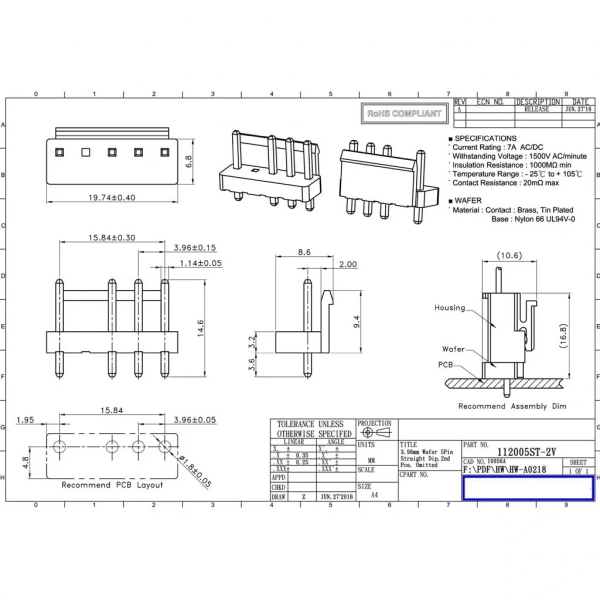 4 Pin 5 Pozisyon JST VH 3.96mm Düz Konnektör Erkek