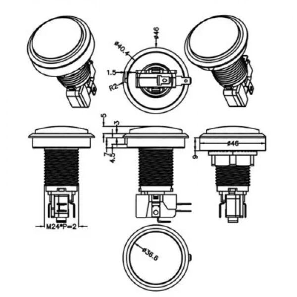 46mm 12V Düz Işıklı Oyun Makinesi Butonu - Beyaz