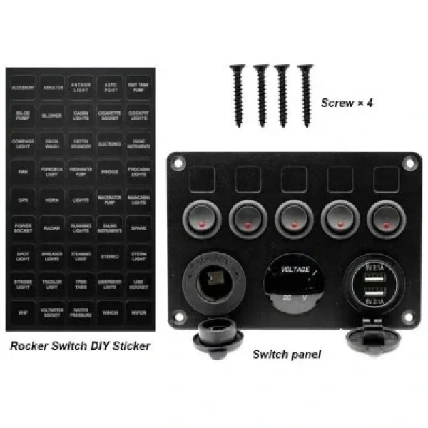 5li ON-OFF Kırmızı Nokta Işıklı Anahtar Switch Panel 2x5V USB Çakmaklık ve Voltaj Göstergeli