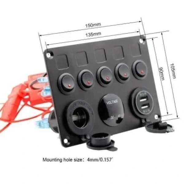 5li ON-OFF Kırmızı Nokta Işıklı Anahtar Switch Panel 2x5V USB Çakmaklık ve Voltaj Göstergeli