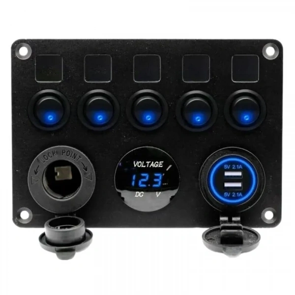 5li ON-OFF Mavi Nokta Işıklı Anahtar Switch Panel 2x5V USB Çakmaklık ve Voltaj Göstergeli