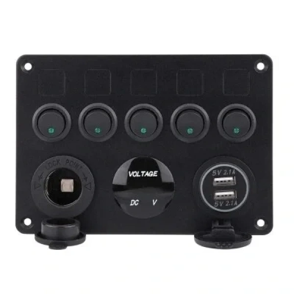 5li ON-OFF Yeşil Nokta Işıklı Anahtar Switch Panel 2x5V USB Çakmaklık ve Voltaj Göstergeli