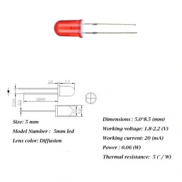 5mm Led Kırmızı Diyot Diffused 1 Adet