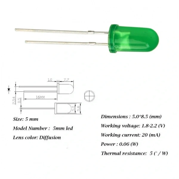 5mm Led Yeşil Diyot Diffused 1 Adet