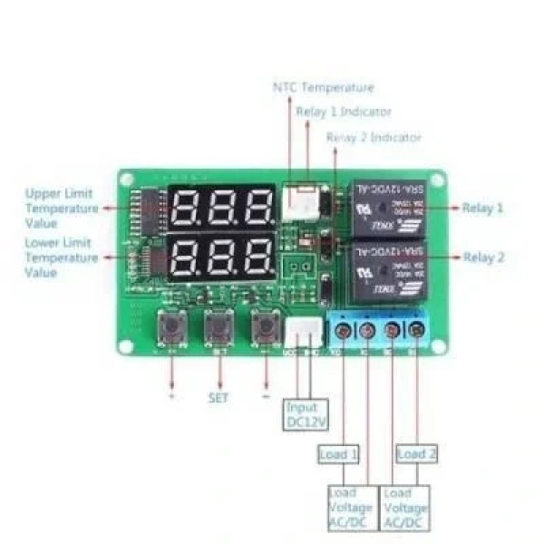 5V 2 Kanal Röle Çıkışlı Dijital Termostat - Kırmızı/Mavi