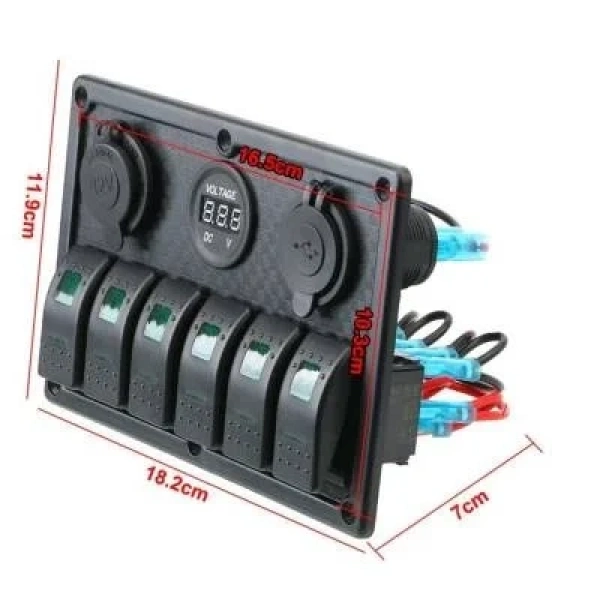 6lı ON-OFF Işıklı Anahtar Switch Panel 2x5V USB Çakmaklık ve Voltaj Göstergeli