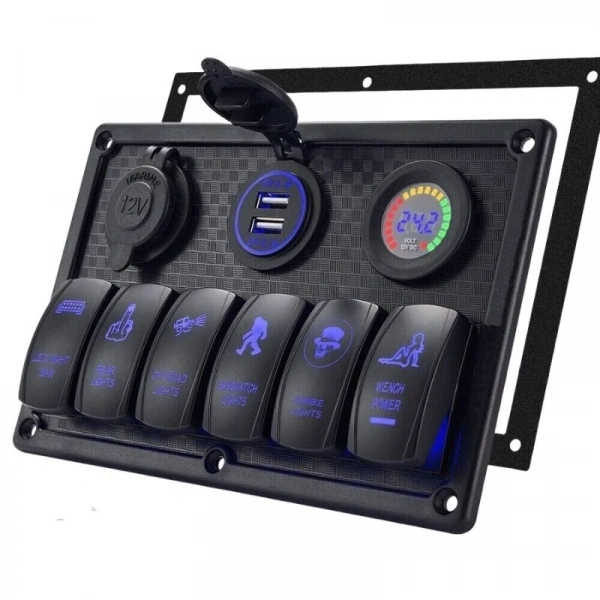 6lı ON-OFF Mavi Işıklı Anahtar Switch Panel 2x5V USB Çakmaklık ve Voltaj Göstergeli