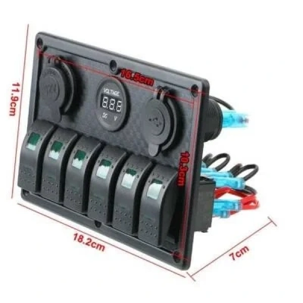 6lı ON-OFF Yeşil Işıklı Anahtar Switch Panel 2x5V USB Çakmaklık ve Voltaj Göstergeli