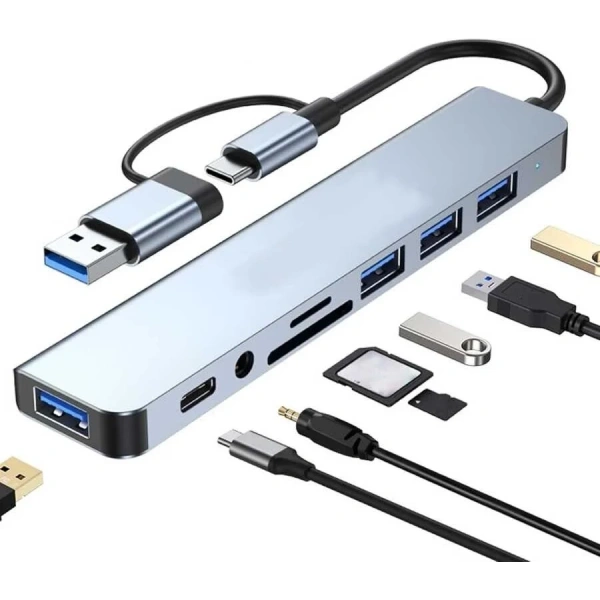 8 Girişli USB Hub Çoklayıcı Dönüştürücü PC Mac Laptop için (Windows 10/11 Uyumlu)