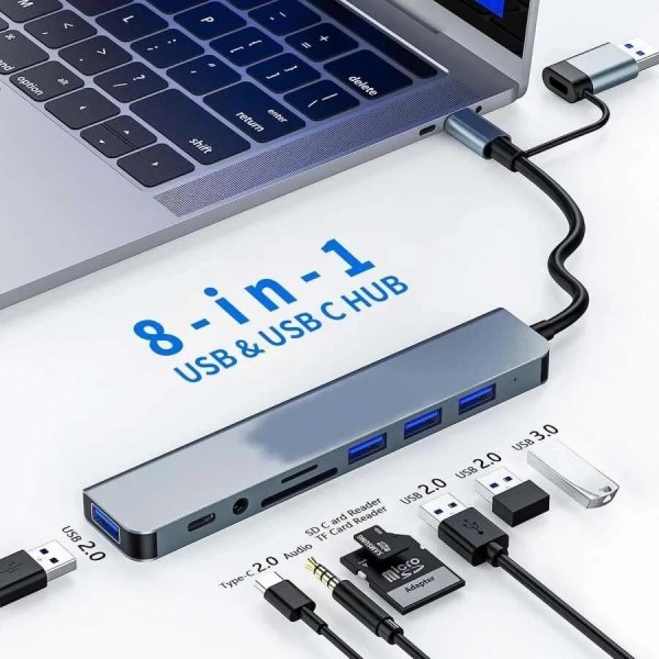 8 Girişli USB Hub Çoklayıcı Dönüştürücü PC Mac Laptop için (Windows 10/11 Uyumlu)