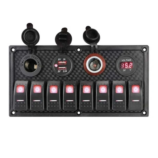 8li ON-OFF Kırmızı Işıklı Anahtar Panel 2x5V USB 2xÇakmaklık ve Voltaj Göstergeli
