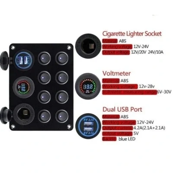 8li ON-OFF Mavi Nokta Işıklı Anahtar Switch Panel 2x5V USB Çakmaklık ve Voltaj Göstergeli