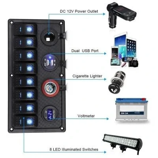 8li ON-OFF Yeşil Işıklı Anahtar Panel 2x5V USB 2xÇakmaklık ve Voltaj Göstergeli