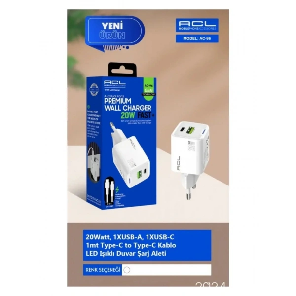 AC-96 20 Watt 1xUSB-A 1xUSB-C 1mt Type-C to Type-C Kablo Duvar Şarj Aleti