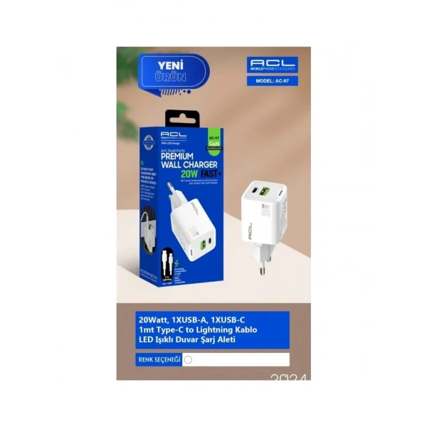 AC-97 20 Watt 1xUSB-A 1xUSB-C 1mt Type-C to Lightning Kablo Duvar Şarj Aleti