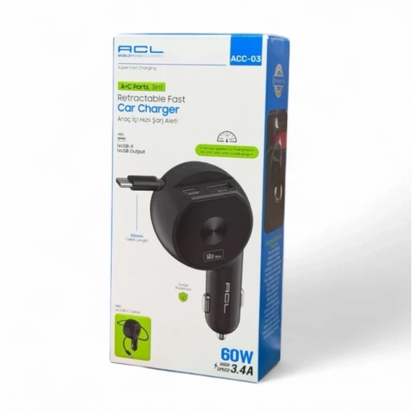 ACC-03 60W 3.4A Kablolu USB-A + USB-C Çift Çıkışlı Araç İçi Şarj