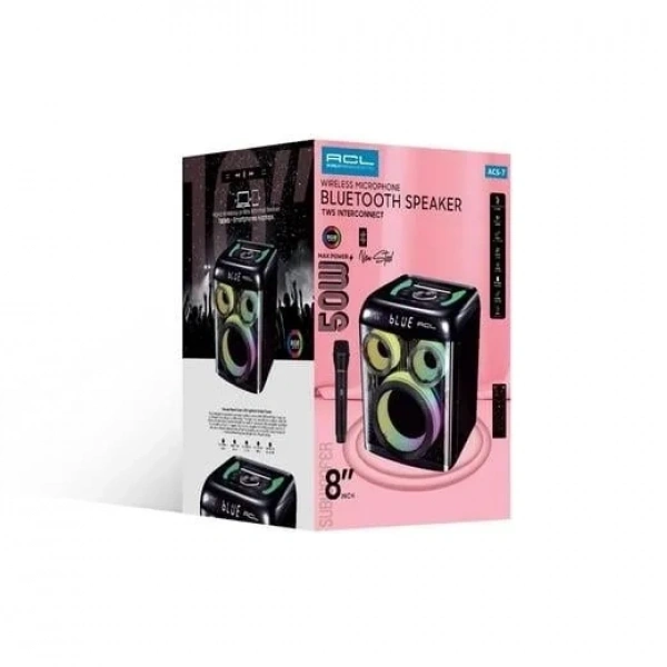 ACS-7 50W Gücünde 8inch Hoparlörlü Mikrofonlu RGB Işıklı Bluetooth Hoparlör