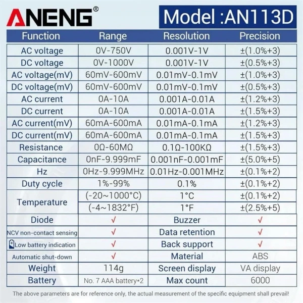 ANENG AN113D Dijital Multimetre Akıllı Otomatik