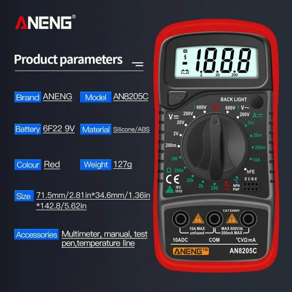 Aneng AN8205C Dijital Multimetre (Kırmızı)