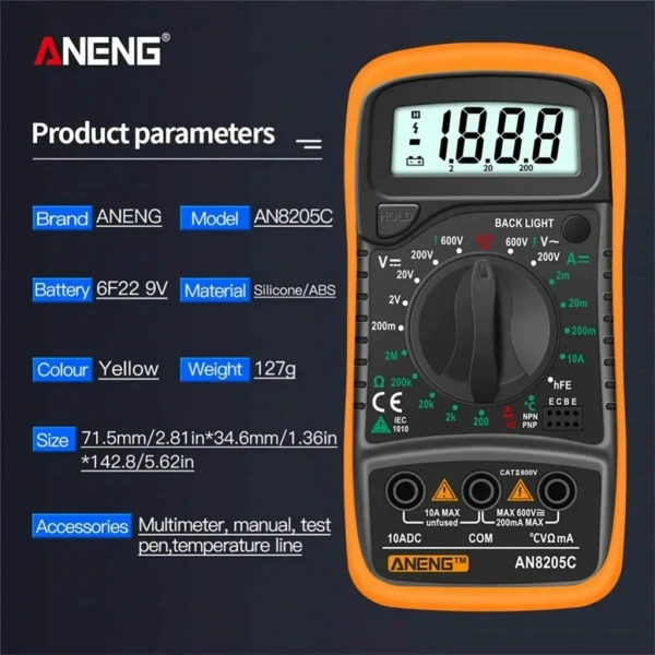 Aneng AN8205C Dijital Multimetre (Sarı)