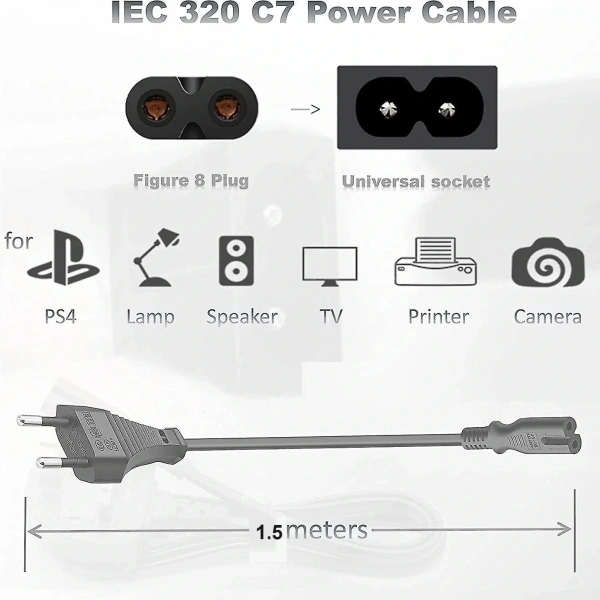 C7 2 Pin Teyp Yazıcı Power Fişi Güç Kablosu 1.5m