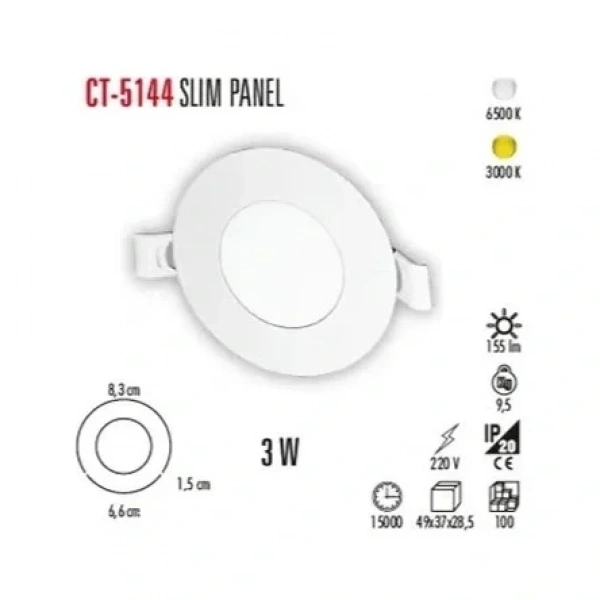 Cata CT-5144 3W 6400K Slim Panel Led Spot Beyaz Işık