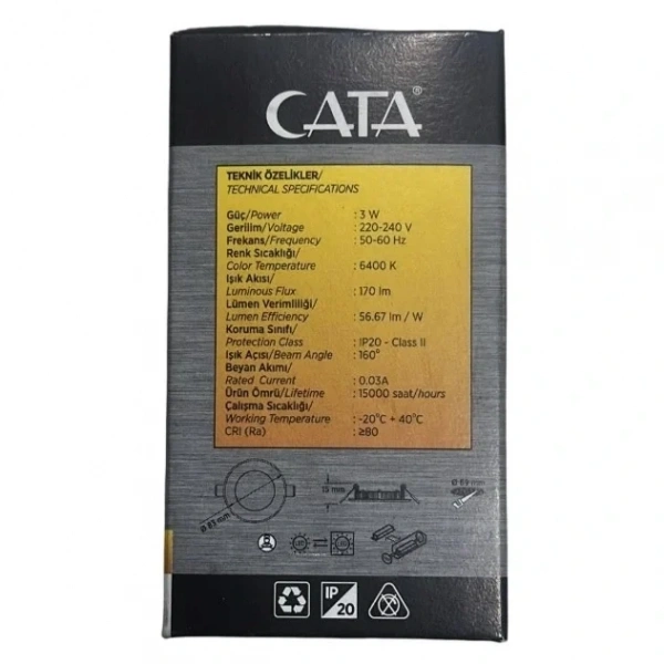 Cata CT-5144 3W 6400K Slim Panel Led Spot Beyaz Işık
