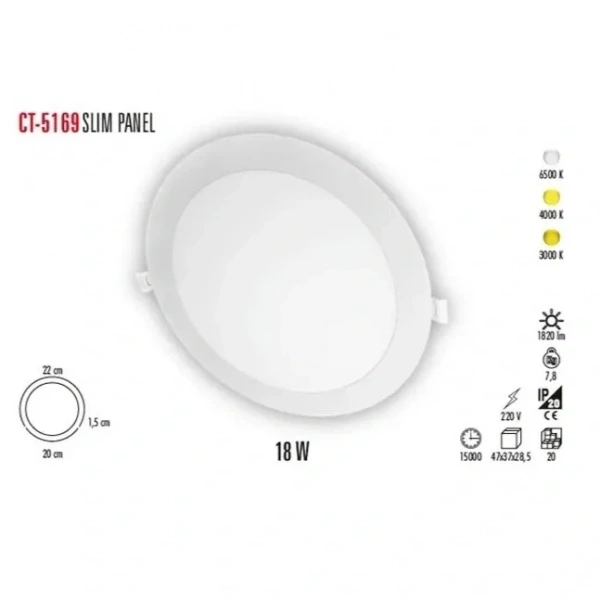 Cata CT-5169 18W 6400K Slim Panel Led Spot Beyaz Işık