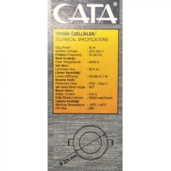 Cata CT-5169 18W 6400K Slim Panel Led Spot Beyaz Işık