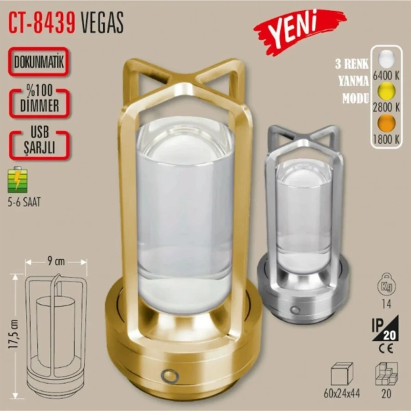 Cata Vegas Gold Şarjlı Masa Lambası CT-8439 