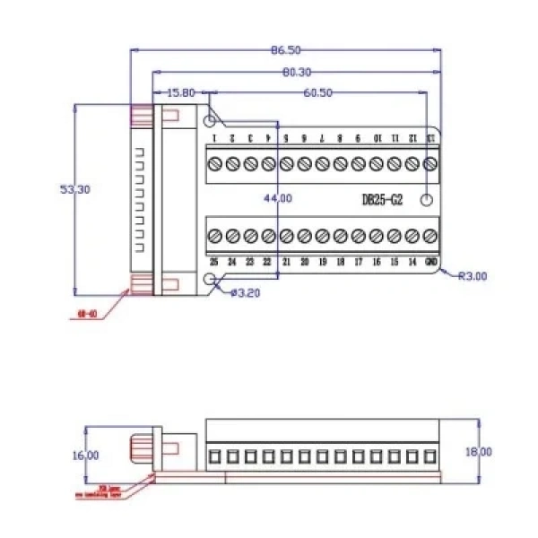 D-Sub DB25-G2 25-Pin Erkek Terminal Block Adaptörü
