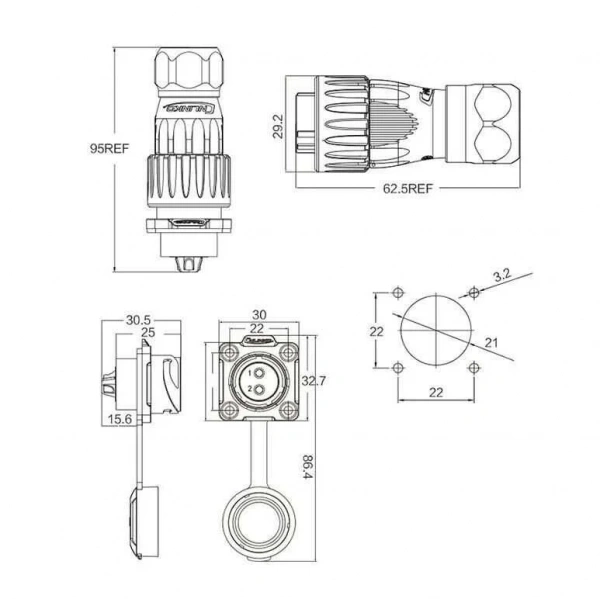 DH-20-C02PE-03-001 2-Pin Su Geçirmez Konnektör - Erkek