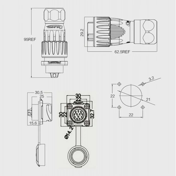 DH-20-C12PE-03-001 12-Pin Su Geçirmez Konnektör - Erkek