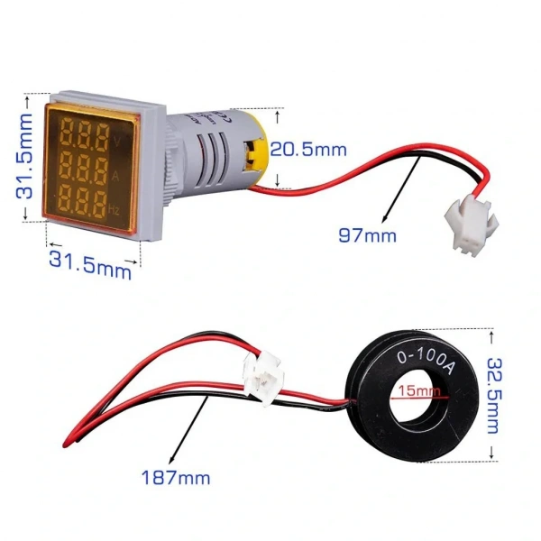 Dijital Voltmetre Ampermetre 20-500VAC 0-100A Kare Kırmızı