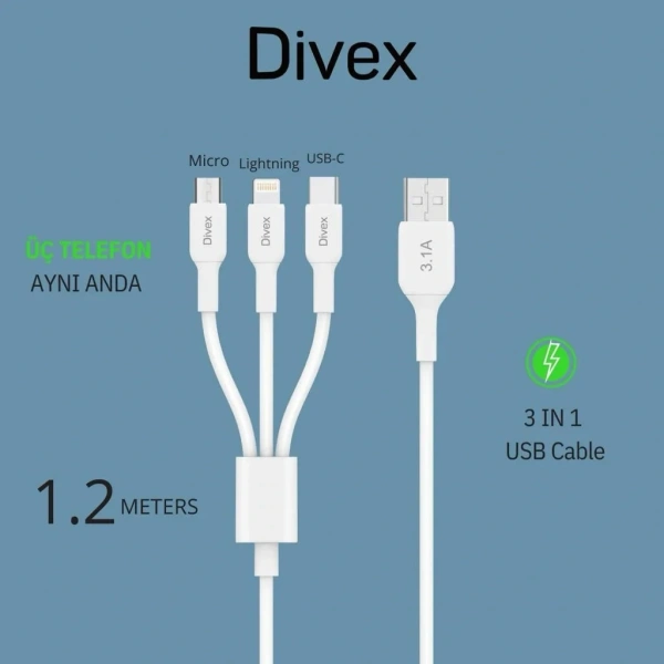 Divex 3.1A 3ü Bir Arada Hızlı Şarj Data Kablosu DC-113