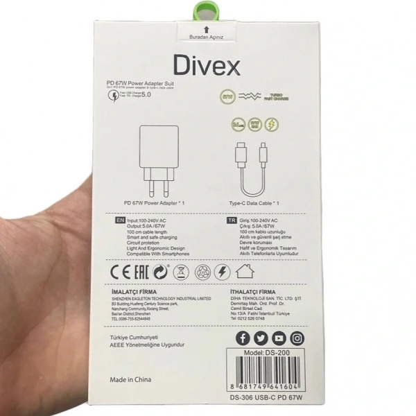 Divex 67W Type-C ( USB-C ) + USB Yüksek Hızlı Şarj Aleti DS-306