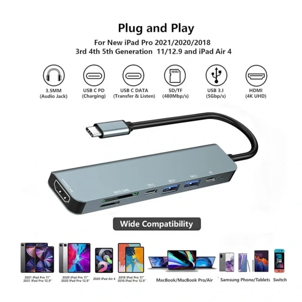 Divex 7 in 1 Type-C Girişli 7 Farklı Çıkışlı USB Çoklayıcı Splitter DX-06