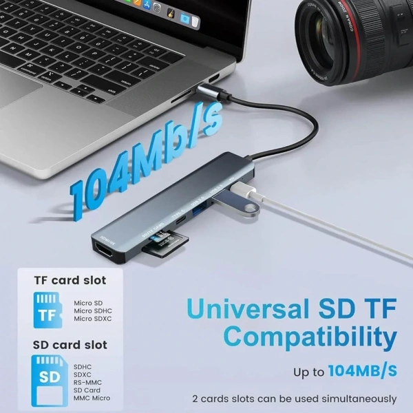 Divex 7 in 1 Type-C Girişli 7 Farklı Çıkışlı USB Çoklayıcı Splitter DX-06