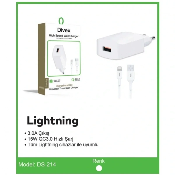 Divex Apple-Iphone Uyumlu 3.0A Adaptör ve Şarj Kablosu Seti DS-214