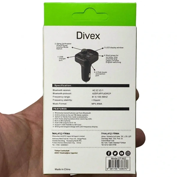 Divex Araç Fm Transmitter Bluetooth 2xUSB Mp3 Çakmaklık Girişli DT-602