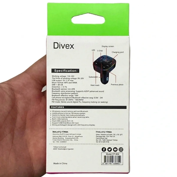 Divex Araç Fm Transmitter Bluetooth 3xUSB - Type-C - SD Kart Çakmaklık Girişli DT-604